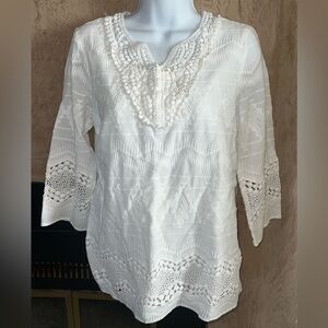 REBA White Cotton Boho Peasant Blouse Size L – Embroidered Crochet Detail